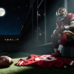 George Kittle sitting on bench holding his ankle in pain with moonlit football field and 49ers jersey on turf behind him