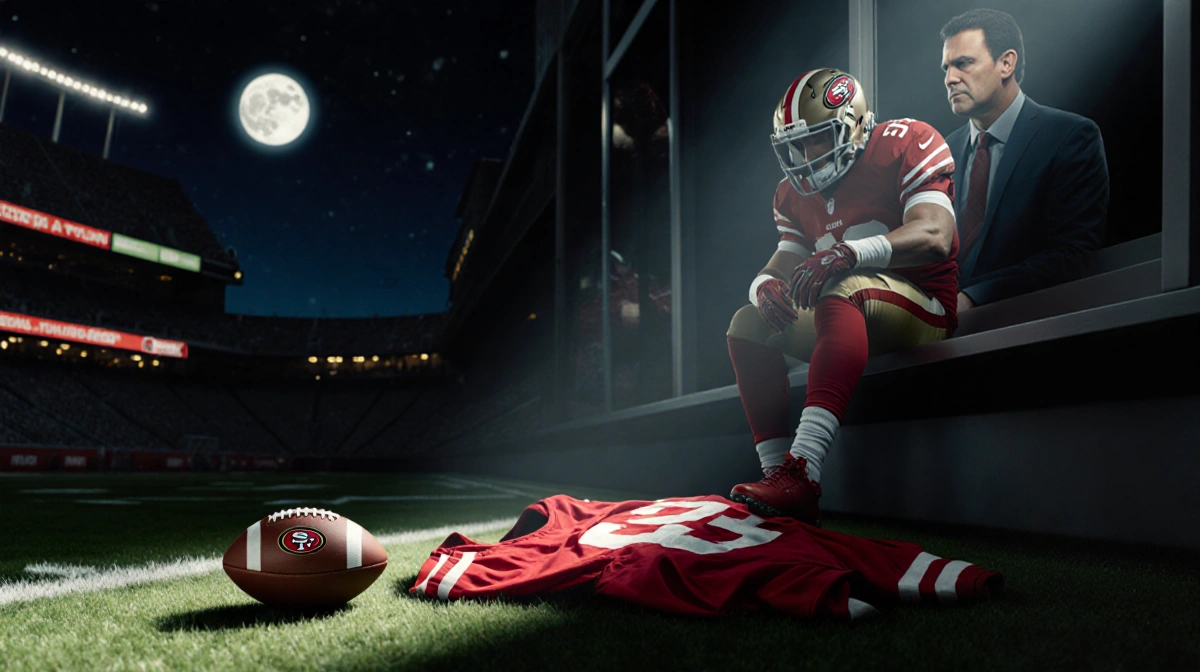 George Kittle sitting on bench holding his ankle in pain with moonlit football field and 49ers jersey on turf behind him