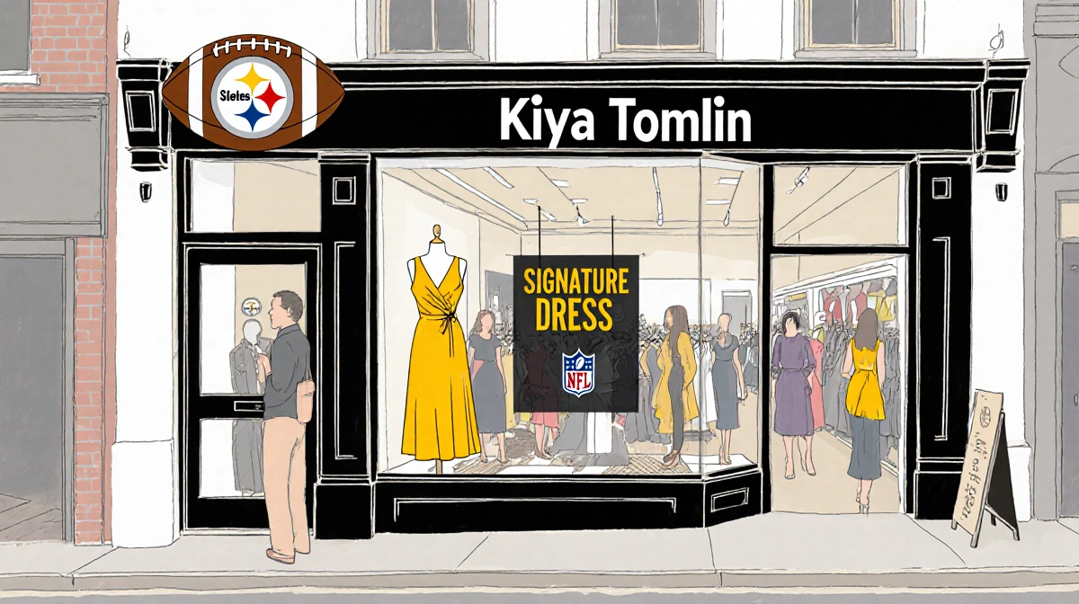 Kiya Tomlin's fashion store shows signature dress with Steelers colors and customers browsing the Etna boutique