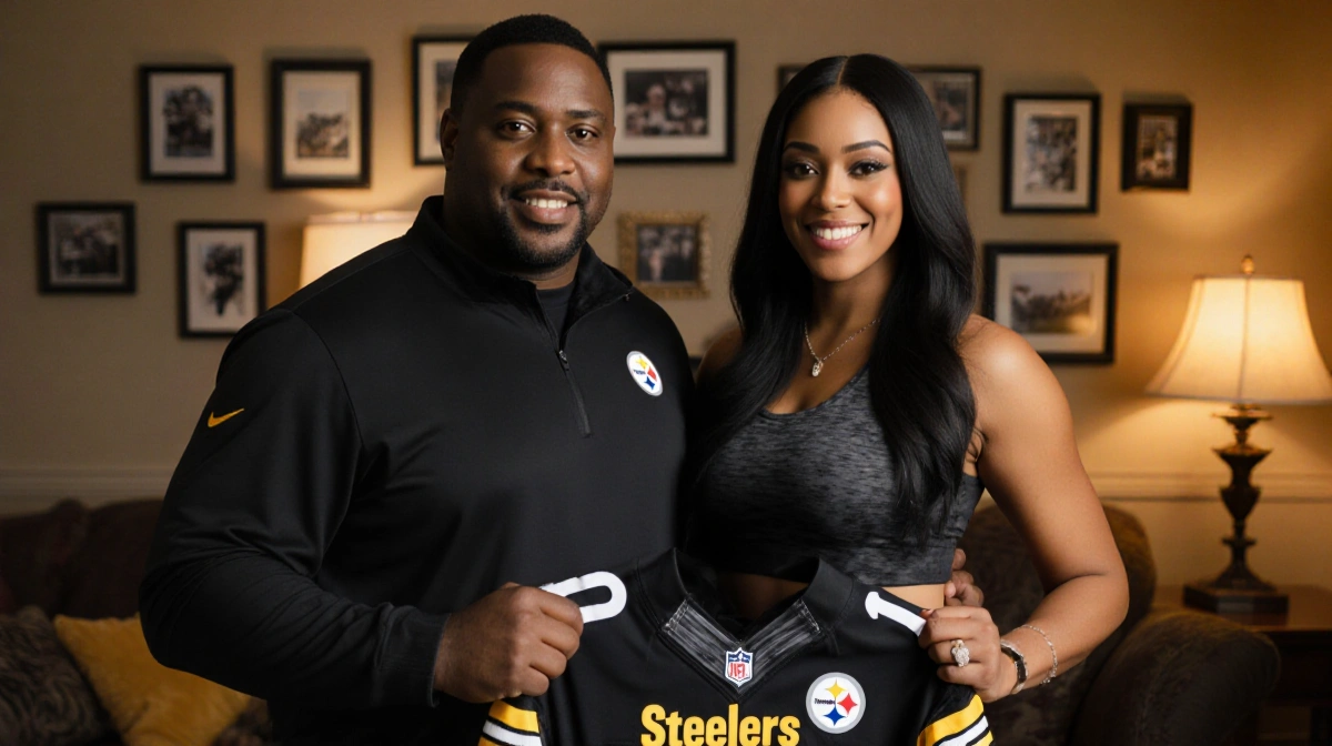 Kiya Tomlin stands with Mike Tomlin holding Steelers jersey with family photos and sports memorabilia on wall behind them