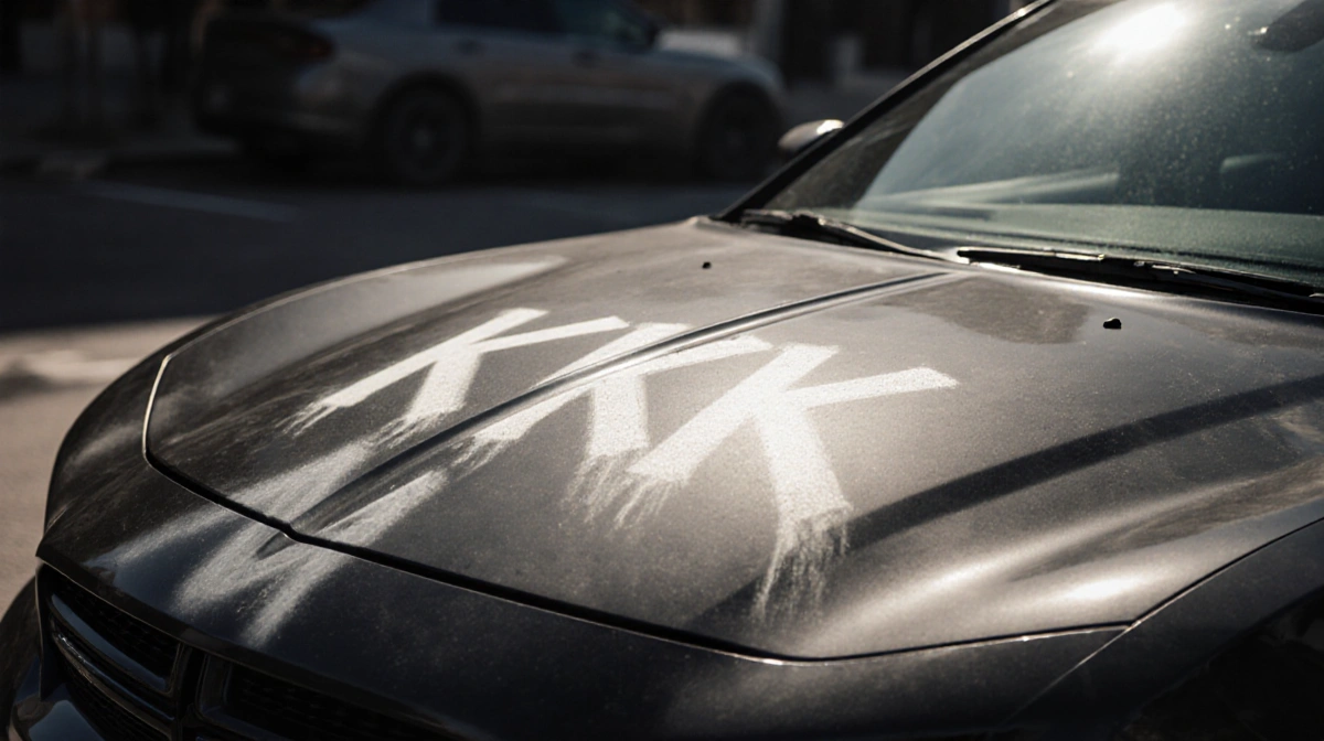 KKK graffiti mars a white Dodge Charger hood with harsh sunlight casting long shadows across the vandalized vehicle