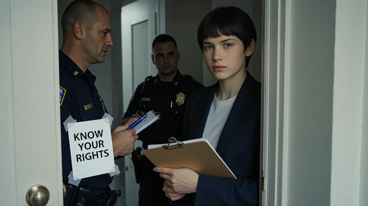 Person standing at door with Know Your Rights card and federal agents holding clipboard in background