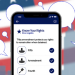 Smartphone screen showing quiz question about rights with answer bubbles for Fifth and Fourth Amendments and American flag.