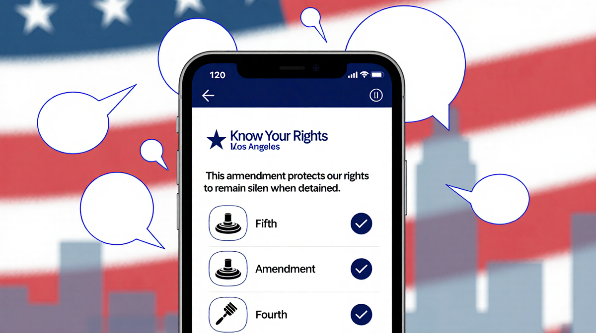 Smartphone screen showing quiz question about rights with answer bubbles for Fifth and Fourth Amendments and American flag.