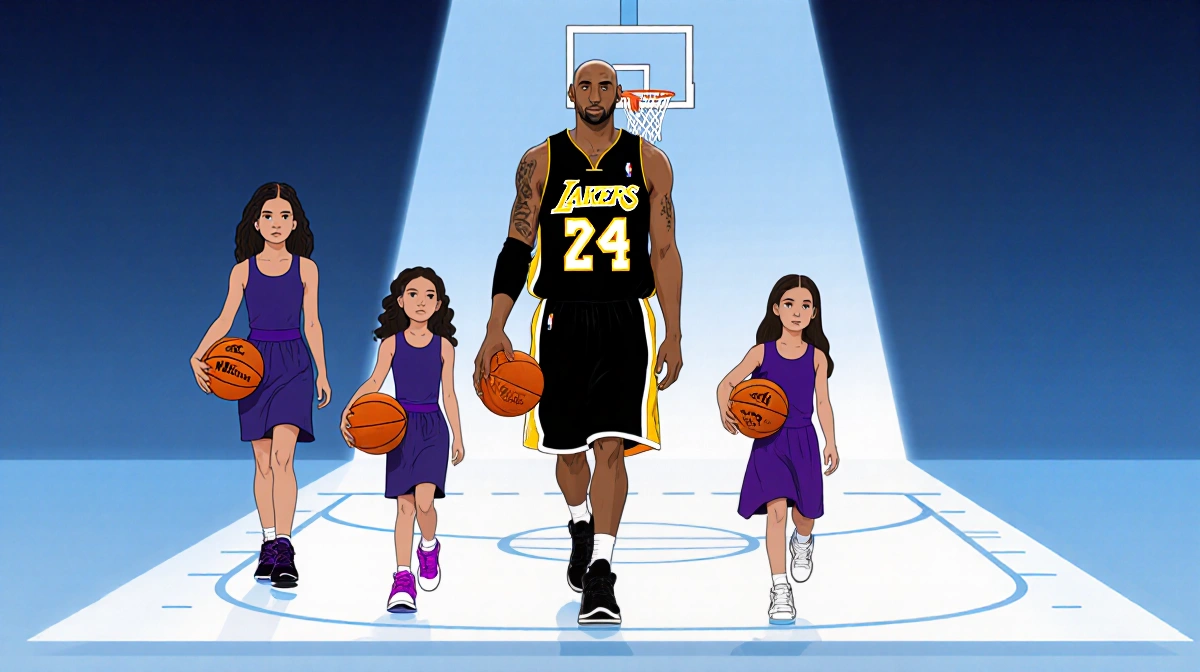 Kobe Bryant stands on a resilient court catwalk with his four daughters walking toward him holding basketballs in a backgroun