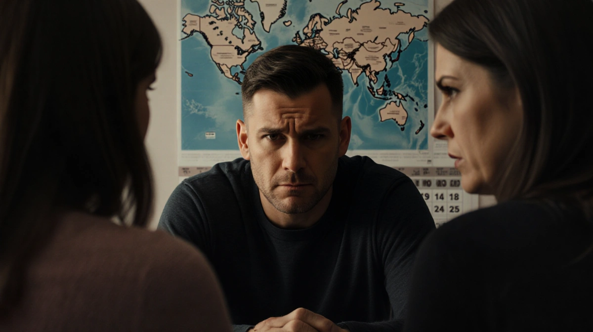 Kody Brown arguing with wives at tense dinner table with calendar showing conflict dates in background