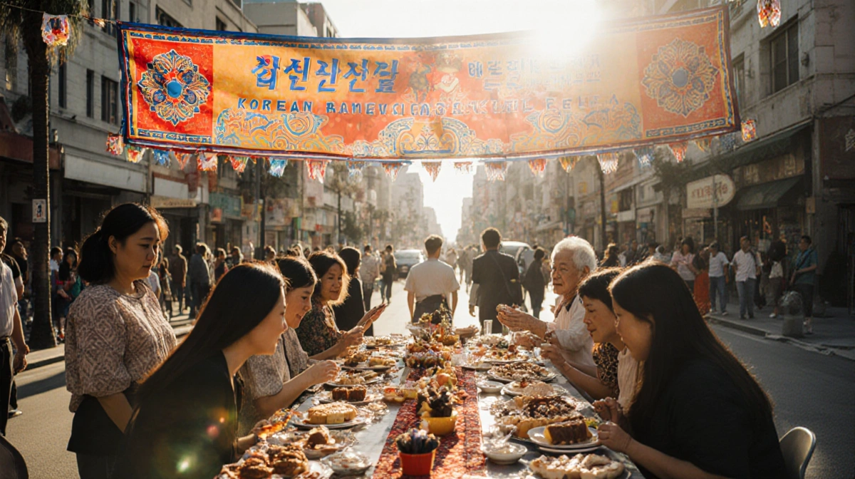 Diverse crowd celebrating Korean American Day with colorful festival banner and traditional feast on ornate table