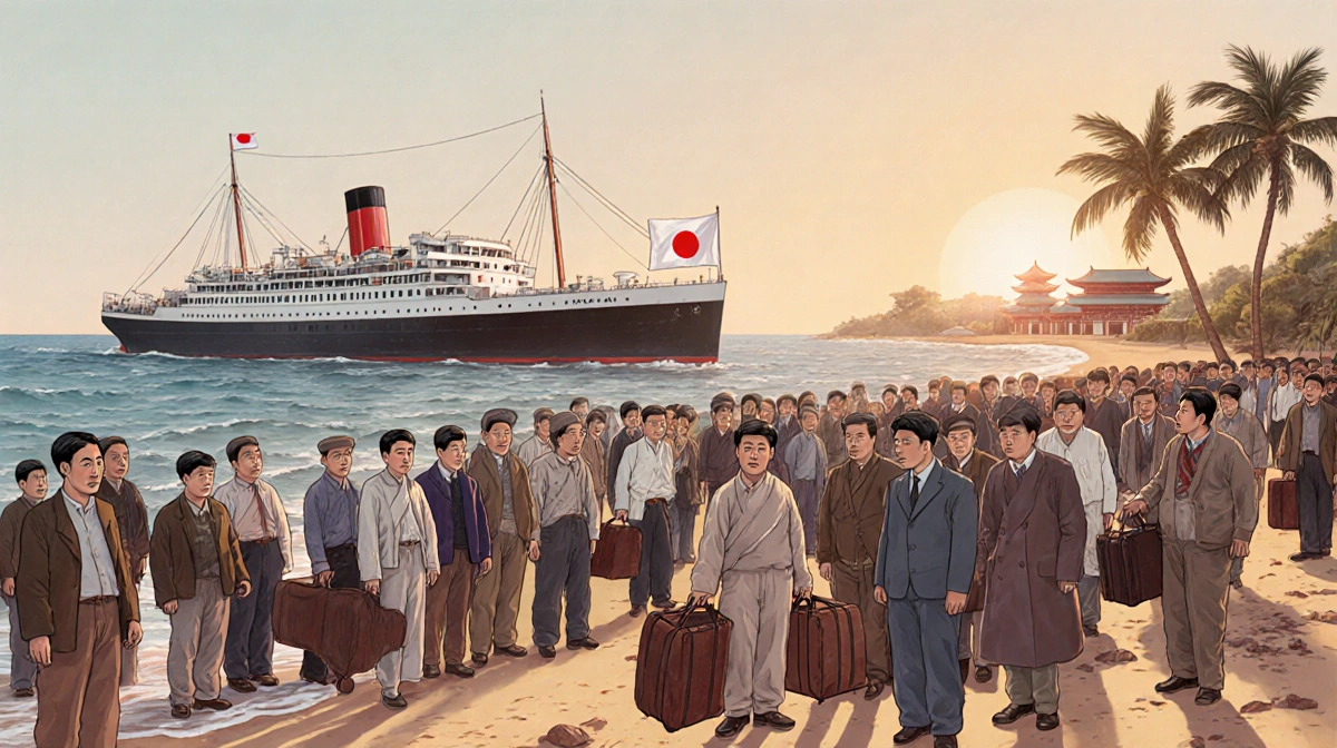 Korean immigrants arriving on Hawaii shore with ship behind them and palm trees showing historic 1903 moment