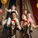 Ilya and Regina Kotenyov perform circus acrobatics with their three children wearing matching sequined costumes and vintage t
