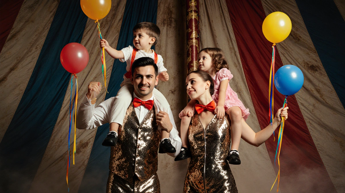 Ilya and Regina Kotenyov perform circus acrobatics with their three children wearing matching sequined costumes and vintage t