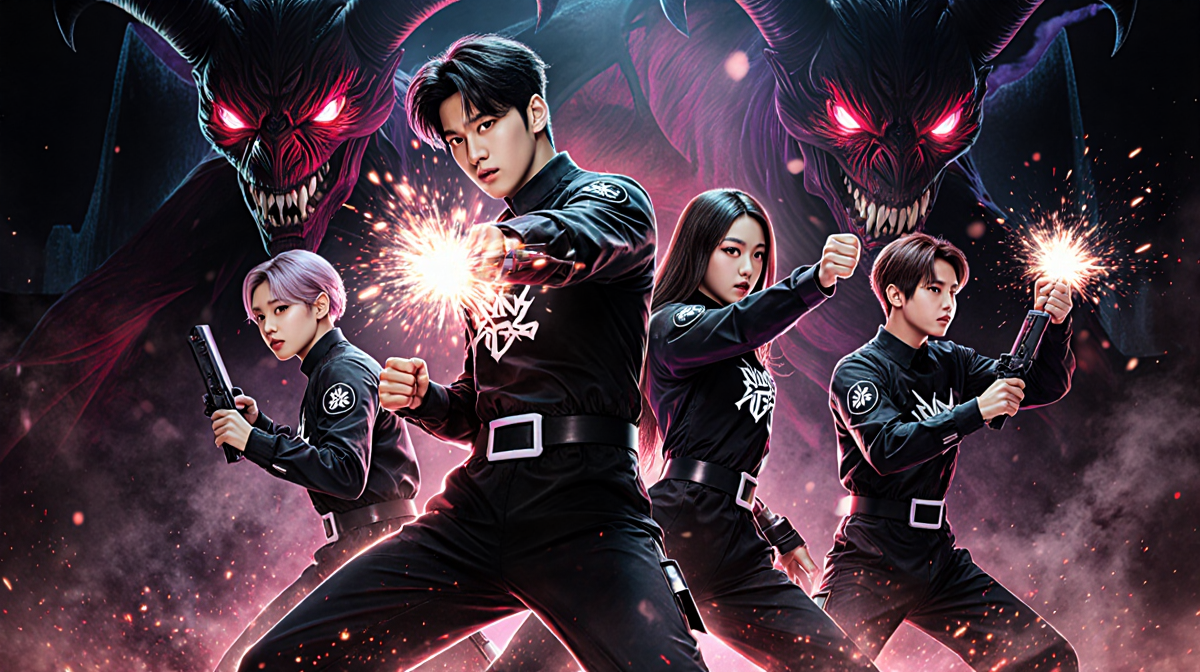 K-Pop group battling demons with neon glow sparks and smoke swirling around in arena with dynamic poses and glowing logo