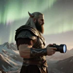 Kratos stands on mountain peak with camera reflecting aurora borealis and golden light across wilderness