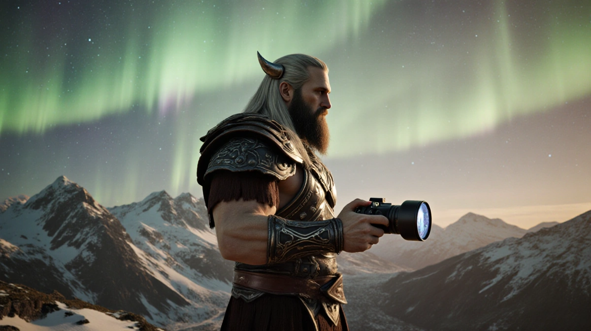Kratos stands on mountain peak with camera reflecting aurora borealis and golden light across wilderness