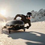 Kris Horn racing bobsled through sharp turn with golden sunset lighting and snow-covered mountains behind