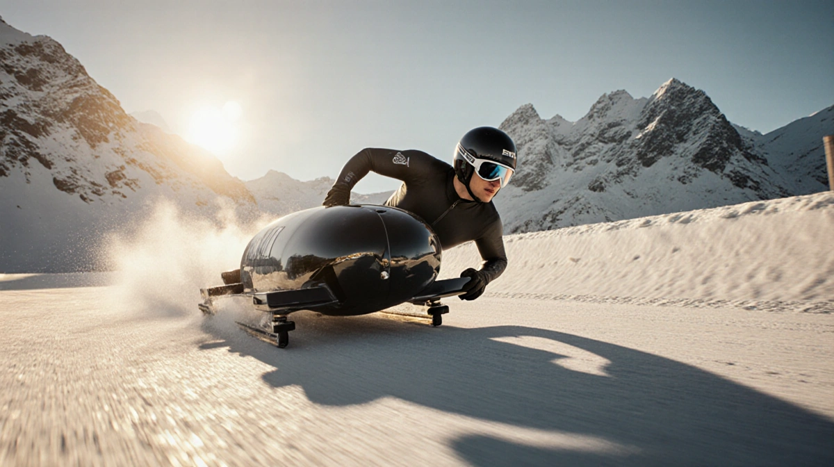 Kris Horn racing bobsled through sharp turn with golden sunset lighting and snow-covered mountains behind