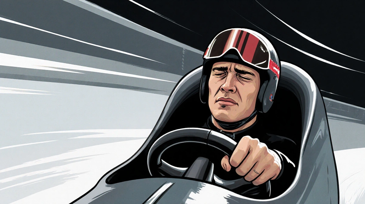 Kris Horn steers solo bobsled with empty seat beside him showing relief on his face