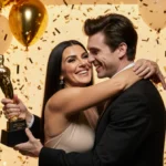 Kris Jenner hugging Timothée Chalamet with award and confetti showing family celebration