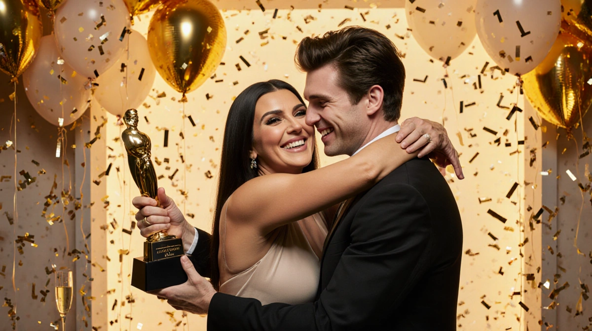 Kris Jenner hugging Timothée Chalamet with award and confetti showing family celebration