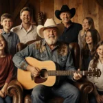 Kris Kristofferson sits in a worn leather armchair with his eight children gathered around him in a family portrait inside a