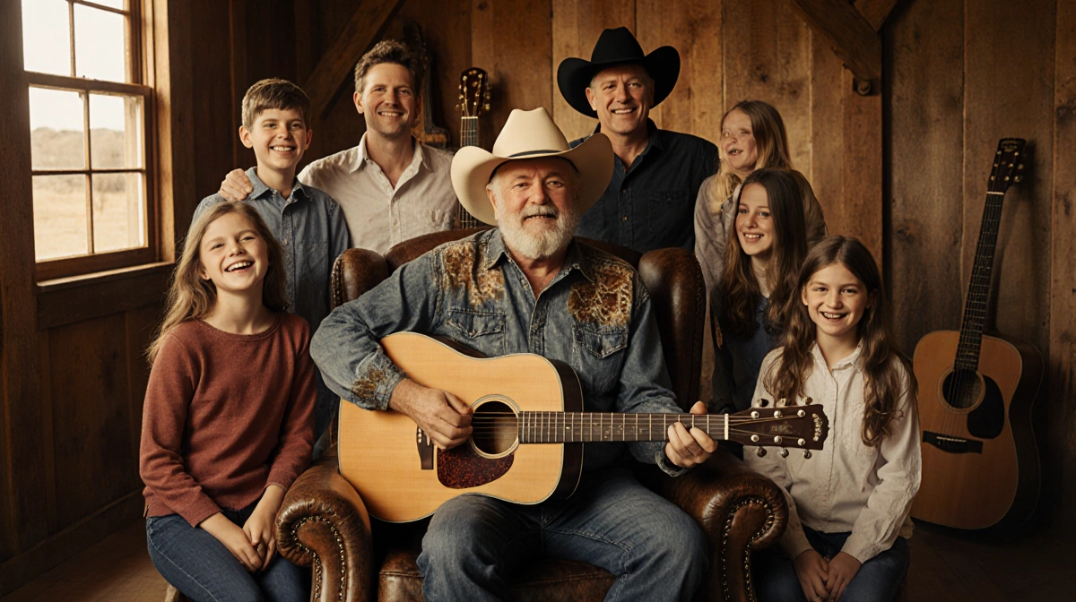 Kris Kristofferson sits in a worn leather armchair with his eight children gathered around him in a family portrait inside a