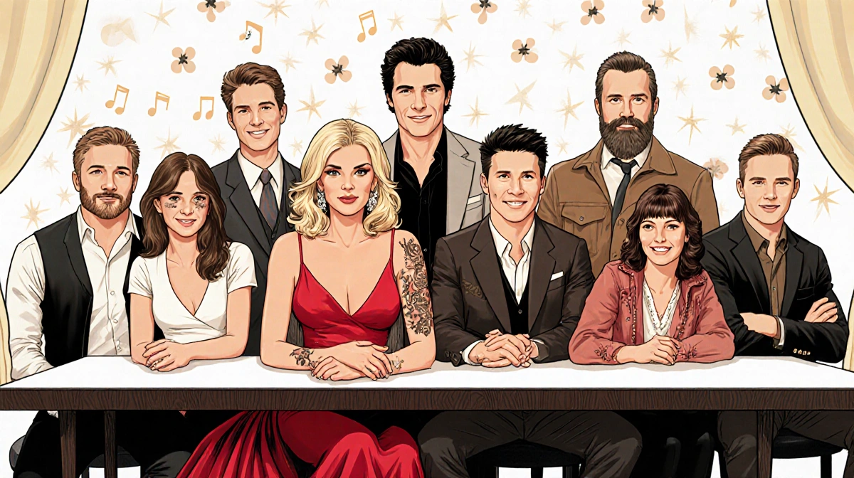 Tracy Kristofferson sits in a red gown with subtle scars and a guitar backdrop with family members nearby.