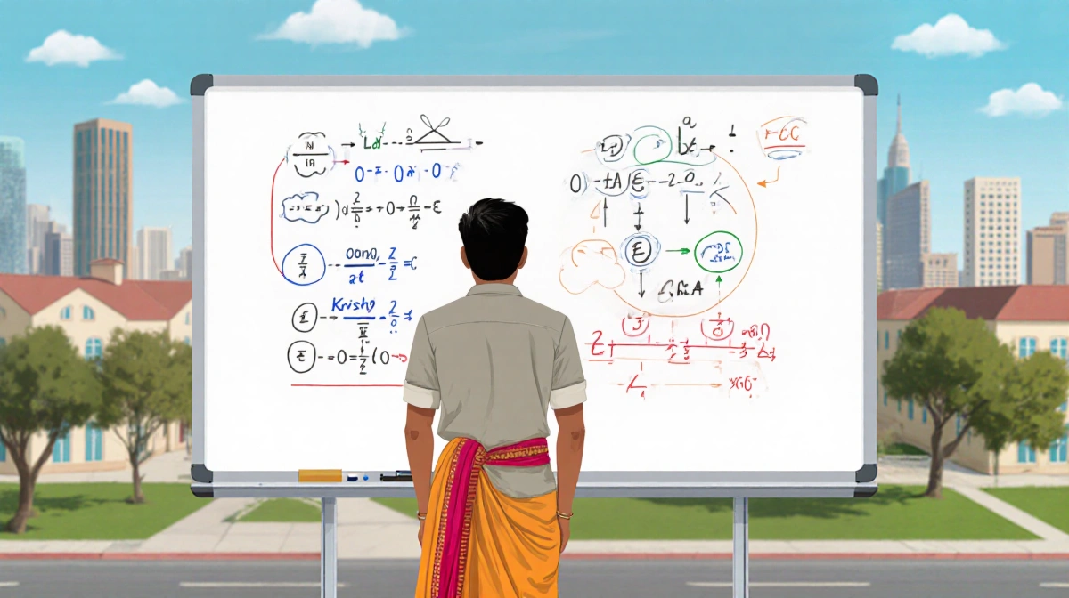 Krish Chilukuri teaching aerospace engineering with whiteboard equations and San Diego skyline behind him