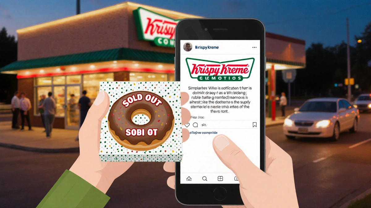 Smiling person holds Krispy Kreme doughnut box with sold out sign near evening drive-thru traffic and smartphone showing Inst