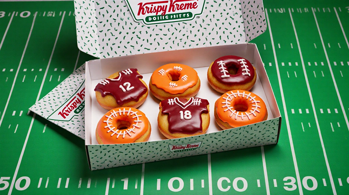 Krispy Kreme football doughnuts with orange and crimson glaze showing laces and jerseys arranged playfully