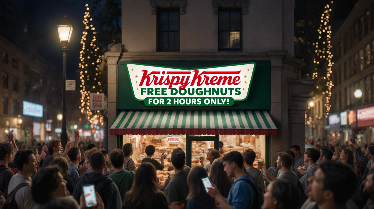 Crowd waits outside Krispy Kreme with free doughnut sign and people holding phones and boxes