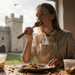 Kristen Kish biting a dubious dish with a wooden spoon and cracked plate in a kitchen and a blurred castle in background.