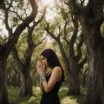 Kristen Millares Young stands with back turned and head bowed in contemplation with Celtic-inspired goddess jewelry and ancie