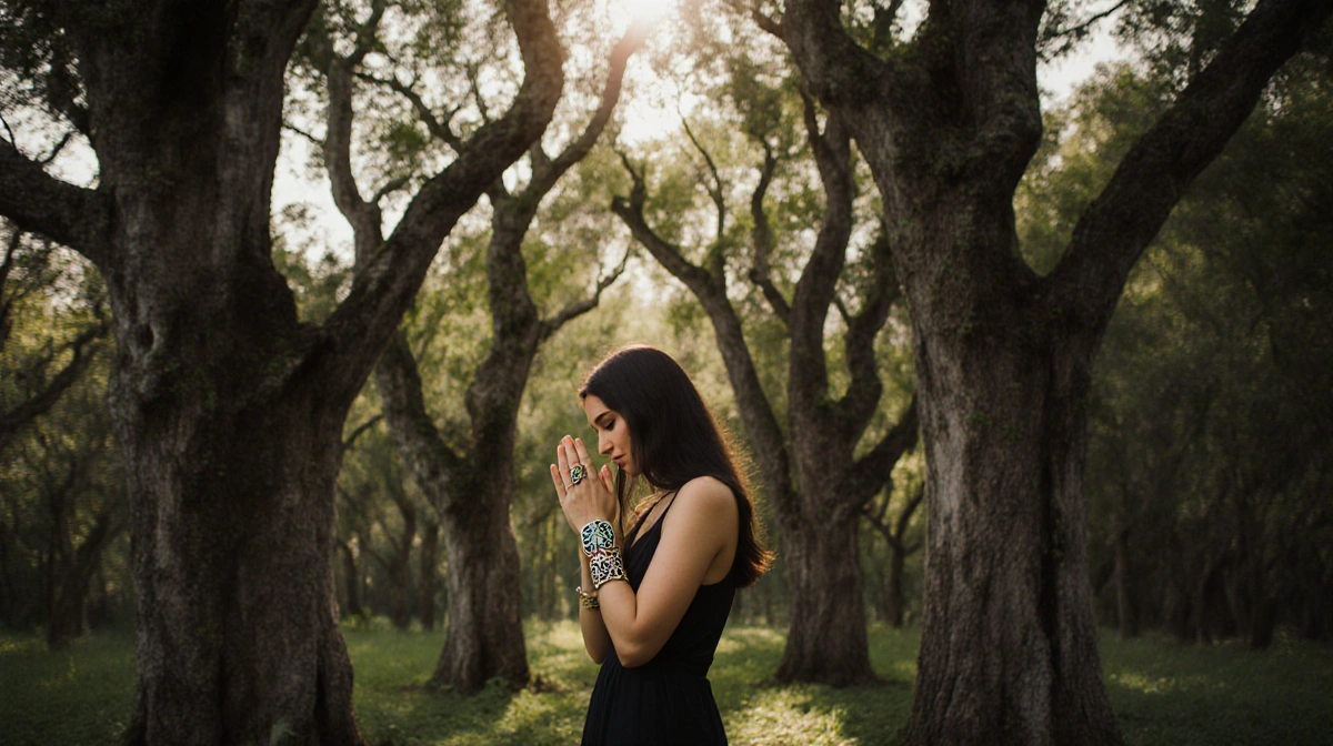 Kristen Millares Young stands with back turned and head bowed in contemplation with Celtic-inspired goddess jewelry and ancie