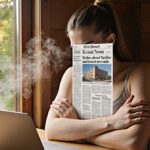 Kristen Stewart sits in a cabin with laptop open to a tariffs article and a steaming coffee beside her with arms crossed