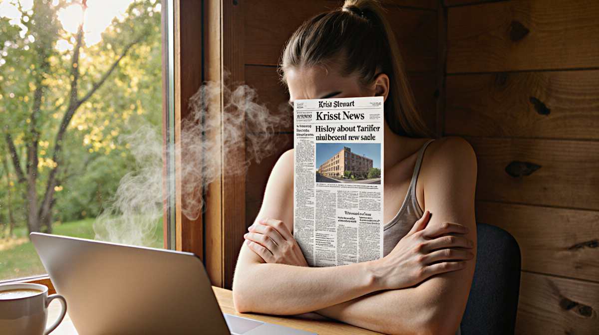 Kristen Stewart sits in a cabin with laptop open to a tariffs article and a steaming coffee beside her with arms crossed