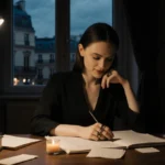 Kristen Stewart writing at desk with stacked scripts and candlelight glowing through open Paris window
