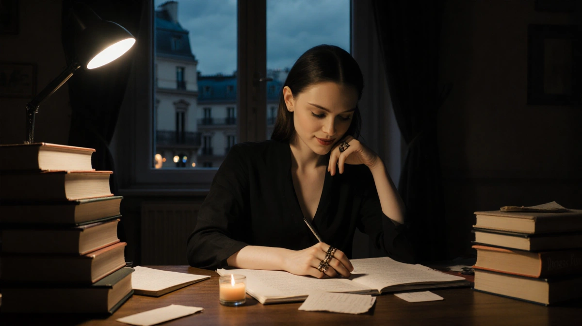 Kristen Stewart writing at desk with stacked scripts and candlelight glowing through open Paris window