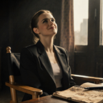 Kristen Stewart sits reflecting in a dimly lit director