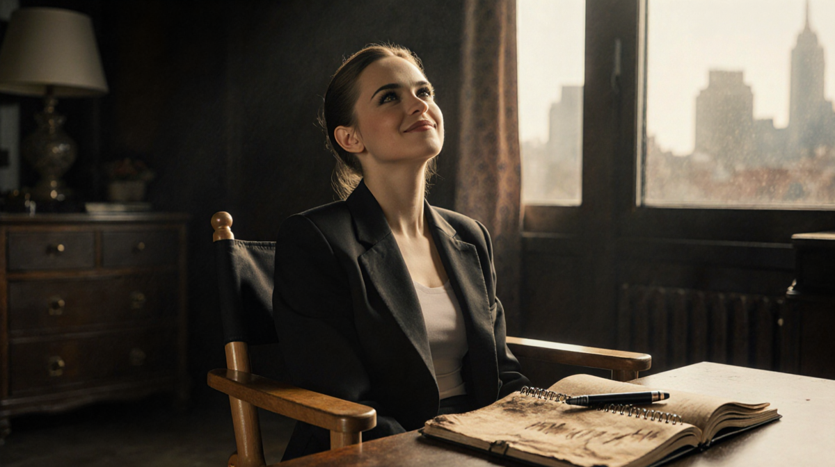 Kristen Stewart sits reflecting in a dimly lit director