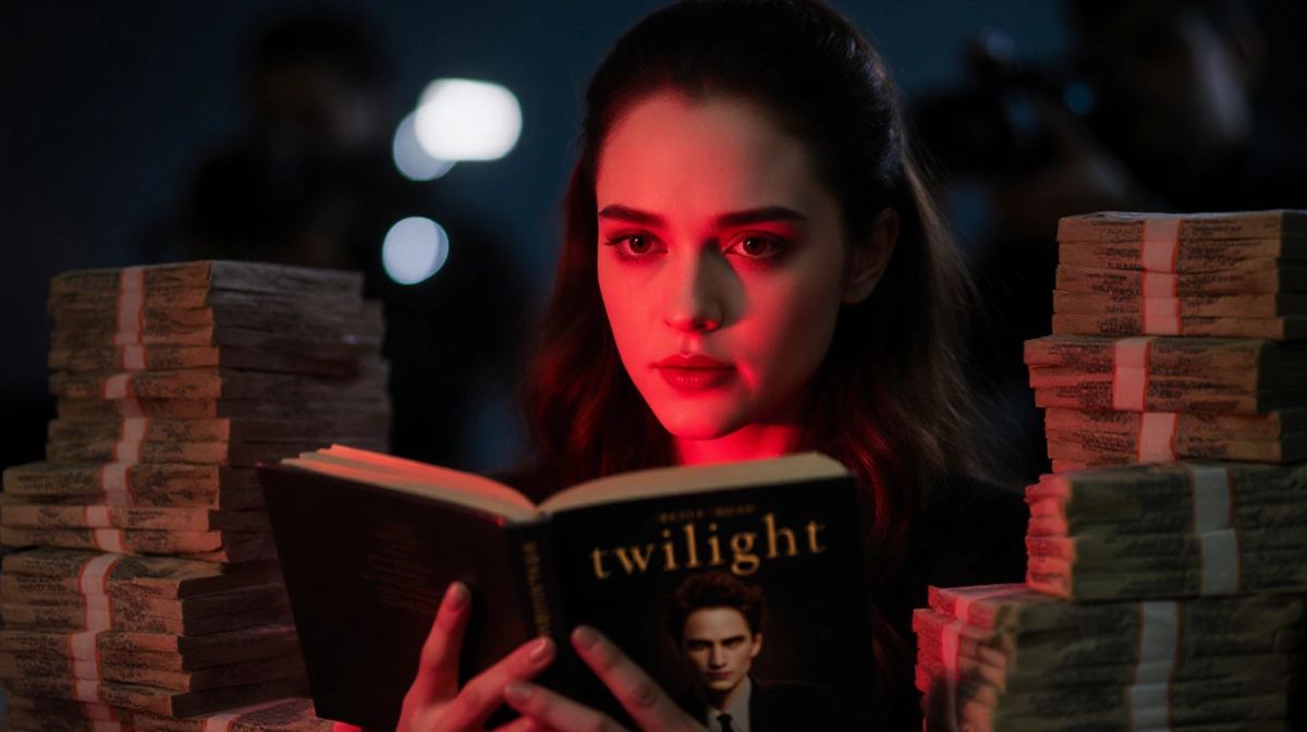 Kristen Stewart sits with Twilight book and cash stacks while red light illuminates her face