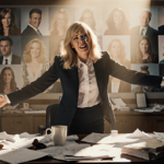 Kristen Wiig standing before a dimly lit SNL desk with scattered papers and coffee cups and a tear rolling down her cheek