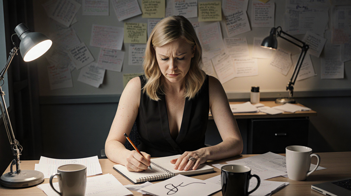 Kristen Wiig staring blankly at a notebook with papers and coffee cups around her in a dim SNL writers' room with frustration