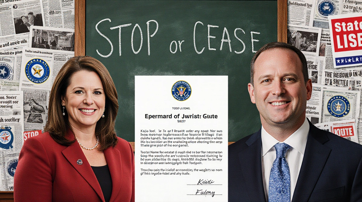 Kristi Noem and Todd Lyons stand before judge with cease order on whiteboard and courtroom documents showing federal lawsuit