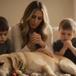 Kristin Cavallari sits with her children and their dog Kona showing grief and love with gentle hands and tearful eyes