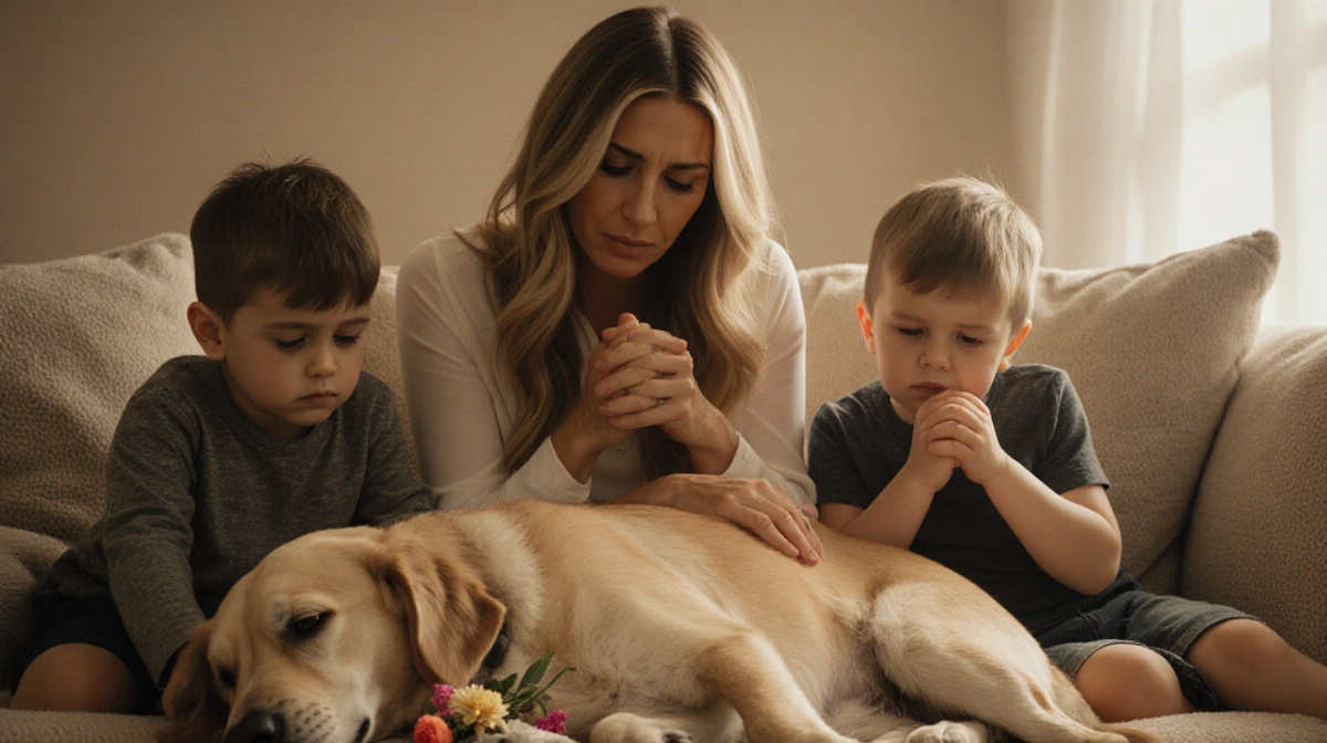 Kristin Cavallari sits with her children and their dog Kona showing grief and love with gentle hands and tearful eyes