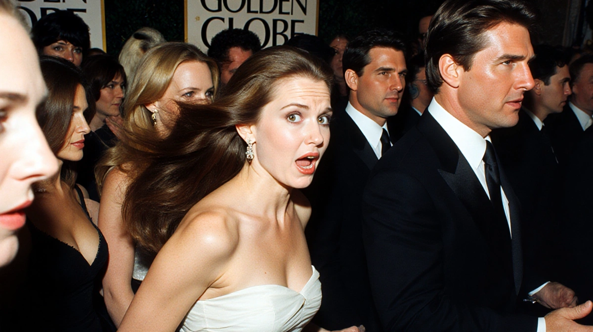 Kristin Davis rushing through Golden Globes press line with surprised expression and long hair while castmates wait nearby