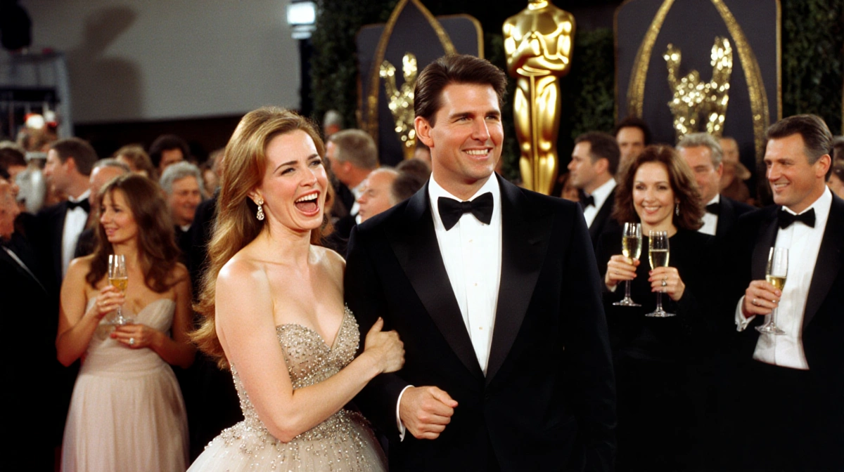 Kristin Davis laughing with Tom Cruise on the red carpet with Golden Globes backdrop and champagne flutes nearby