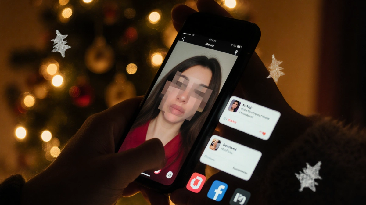 Kristy Scott watching TikTok on phone with blurred ex-partner and Christmas tree glow behind her