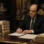 Kurt Iswarienko reviews divorce papers at antique desk with gold accents and legal documents spread across dark wood surface