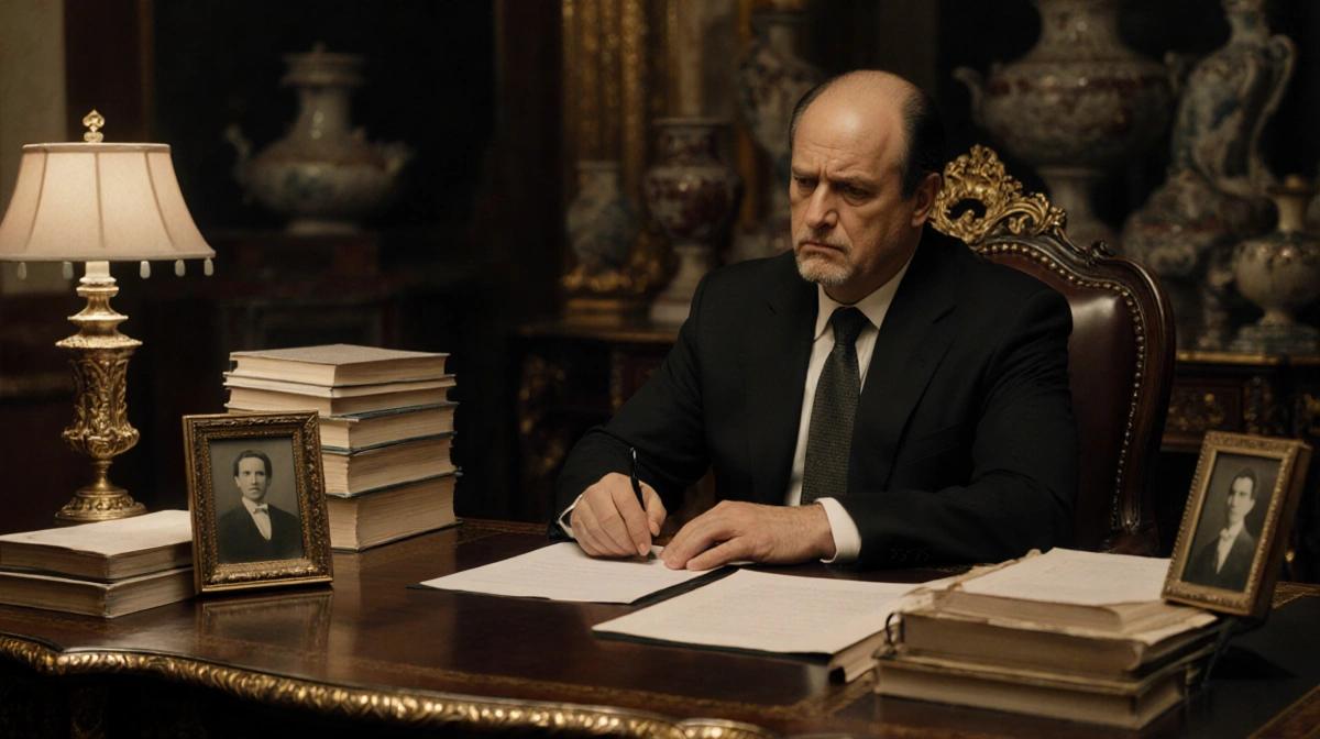 Kurt Iswarienko reviews divorce papers at antique desk with gold accents and legal documents spread across dark wood surface