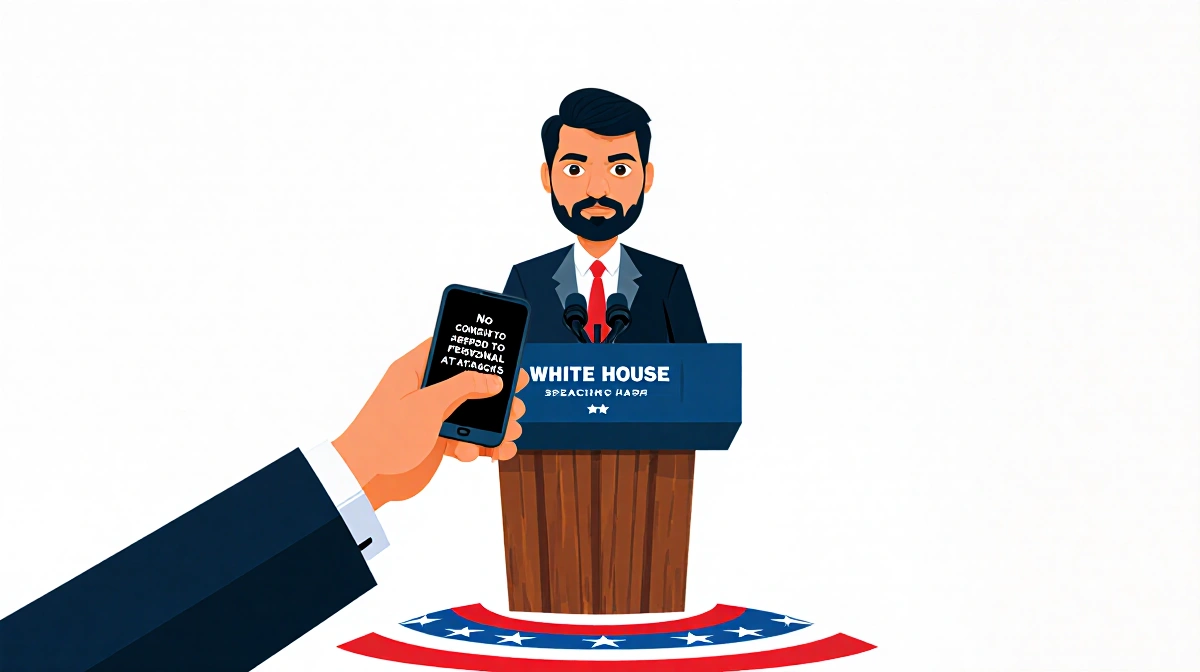 White House spokesman Kush Desai stands calmly behind podium with smartphone showing no comment and American flag pattern on 